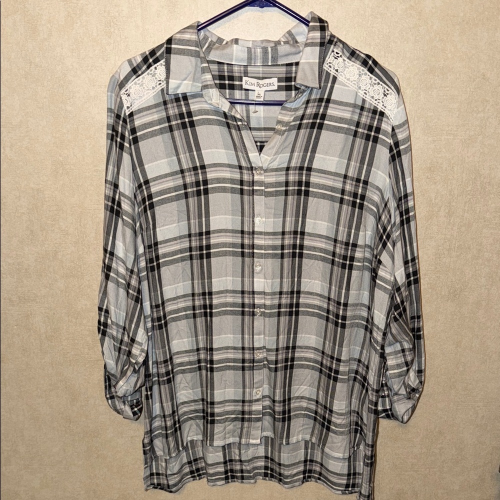 Kim Rogers Women's Gray Plaid Button-Down Shirt XL New